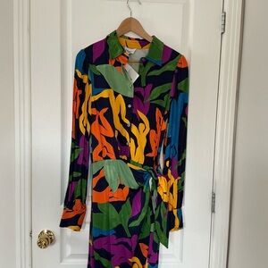 FRNCH Long Sleeve Multicolor Tie-Waist Shirt Dress